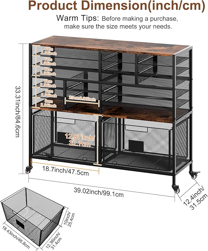 18 Slots Lateral File Cabinet with 2 Drawers, Mobile Filling Cabinet with Open Storage Shelves, Hanging File Folder For Letter Size, Metal Bookshelf Organizer Cart for Office Home, Black