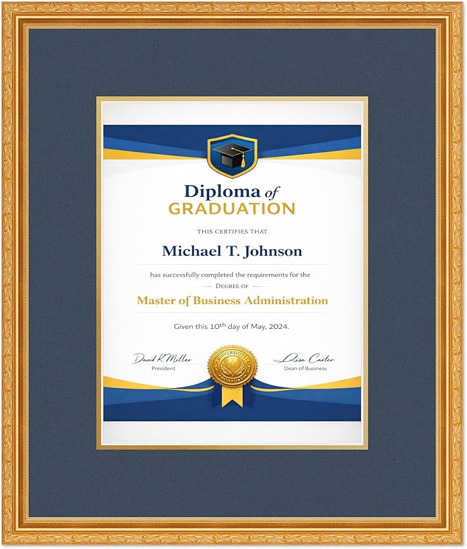 Diploma Frame Museum Gold with Navy Blue Over Gold Double Mat - Fits 10 x 13 College Diploma (Portrait Traditional) Wall Display Made in the USA