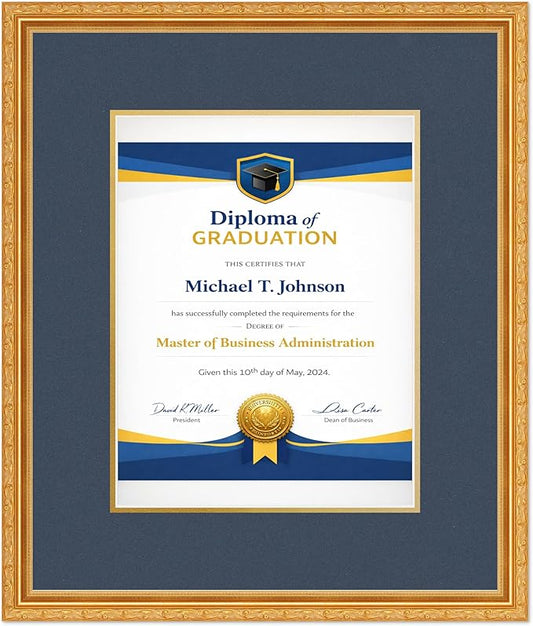 Diploma Frame Museum Gold with Navy Blue Over Gold Double Mat - Fits 10 x 13 College Diploma (Portrait Traditional) Wall Display Made in the USA