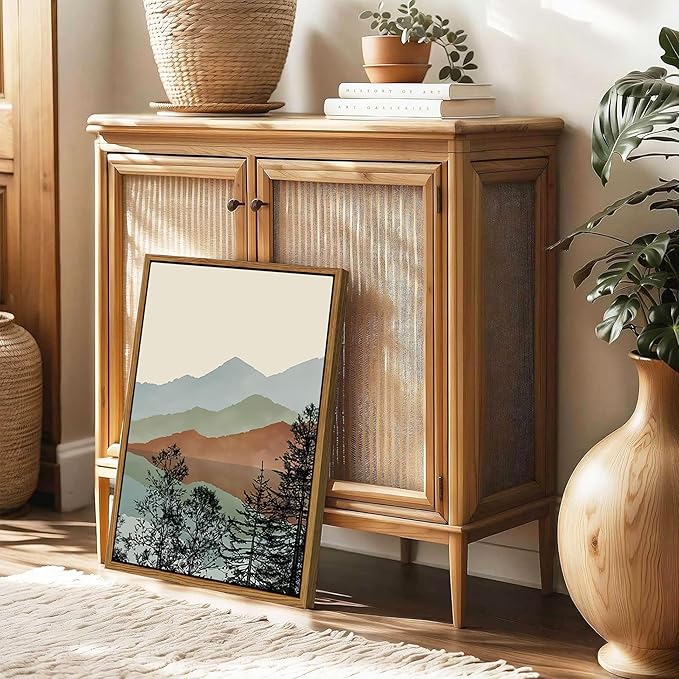 AKWISH Mountain Canvas Wall Art Set of 3, Boho Watercolor Poster Prints Paintings, Sun Forest Abstract Nature Landscape Artwork Wall Decor for Living Room, Bedroom, Office 16x24 In Brown Framed