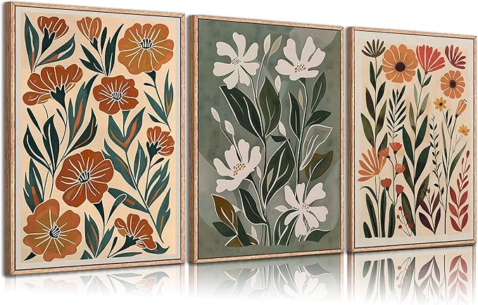 3pcs Abstract Boho Floral Canvas Wall Art Green Beige Flower Market Wall Decor Pictures Minimalist Colorful Botanica Posters Prints For Living Room Bedroom Office Home Decoration