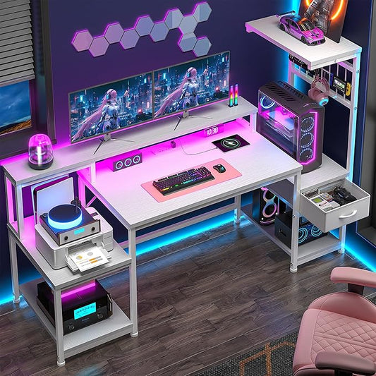 55" Gaming Desk with LED Lights & Outlets,Computer Desk with Drawers & Monitor Stand,Gaming Table with Storage Shelves & Printer Space for Game Room,Study Room,Home Office,Bedroom,White