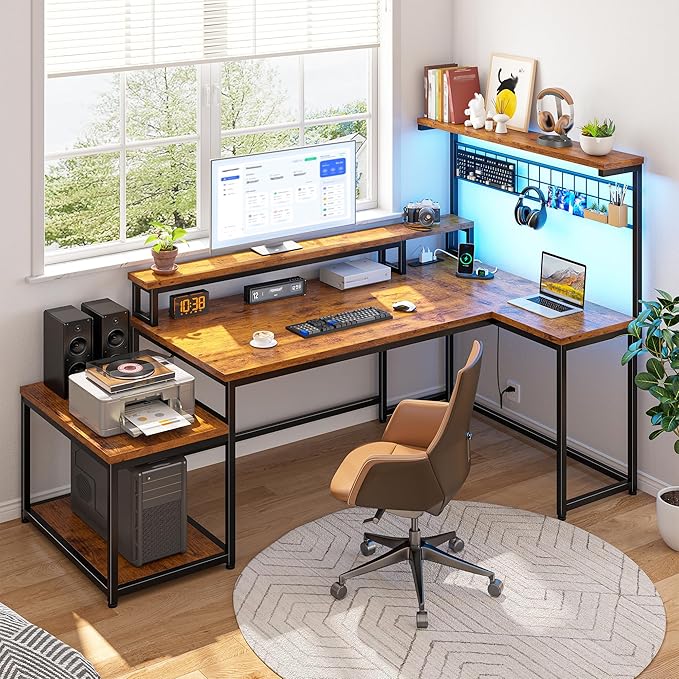 Gaming Desk with Shelves & Hooks, 63.5"L Shaped Computer Desk with LED Lights & Power Outlets & Monitor Stand and Printer Space for Home Office, Writing Desk of Bedroom, Living Room, Rustic Brown