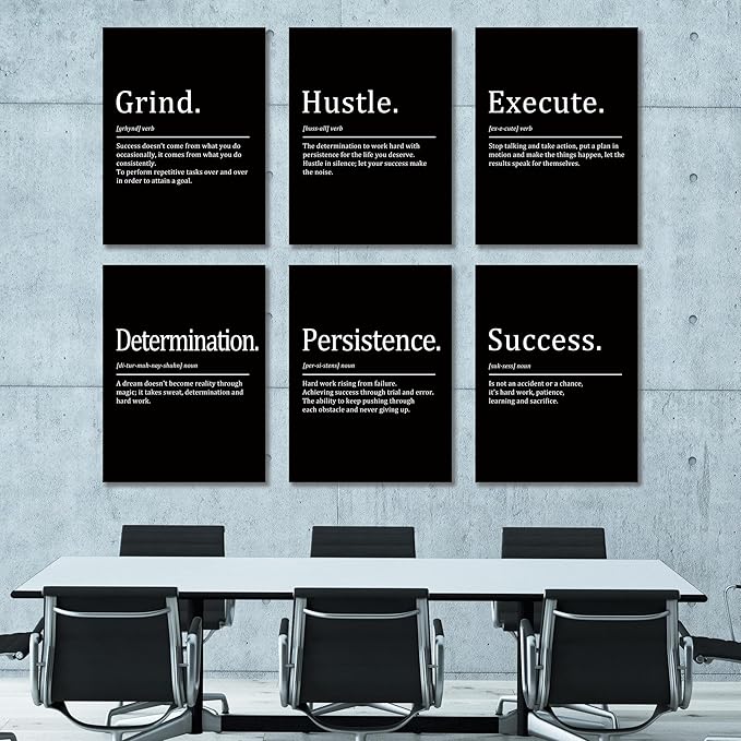 COSCTOR Set of 6 Grind Hustle Execute Determination Persistence Success Motivational Wall Art Picture Decor Canvas Framed for Office Workplace Gym Garage Inspirational Home Posters Ready to Hang(Framed,24x36)