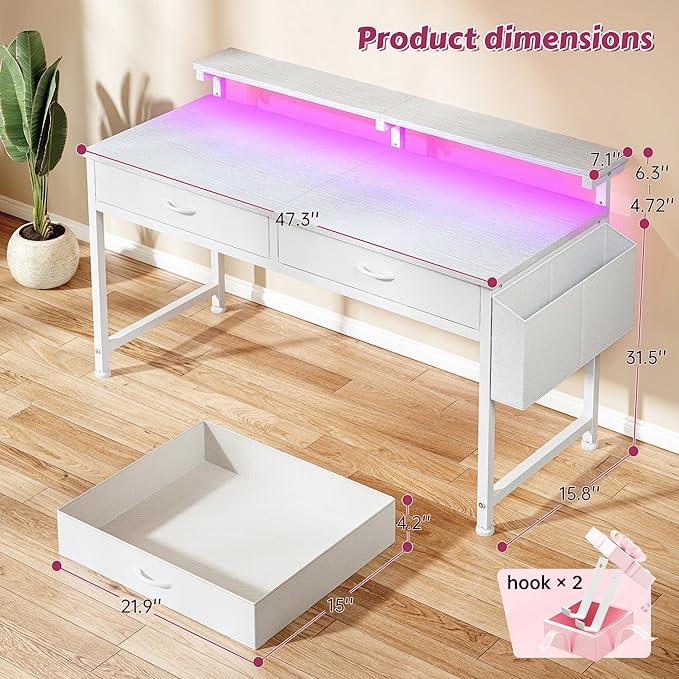 47.3Inch Computer Desk with 2 Drawers & LED Lights,Home Office Desks with Side Pocket,Gaming Desk Monitor Stand,Study Writing Table for Small Spaces,White