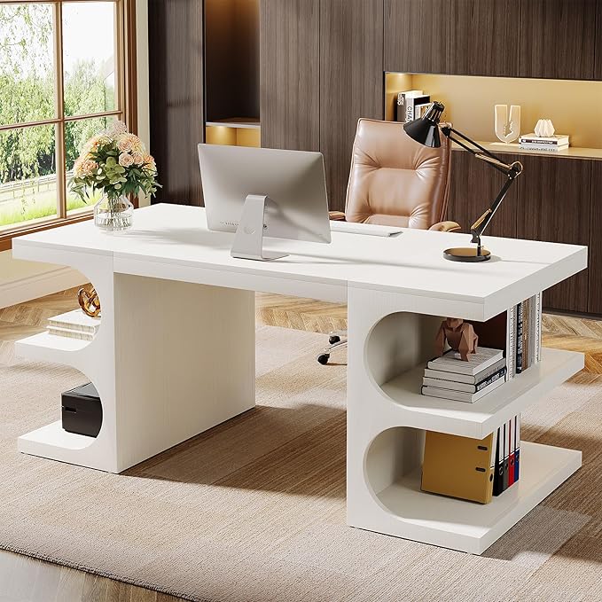 Tribesigns Modern Executive Office Desk, 63-Inch Large Computer Home Office Desk with Storage Shelves, Wood Study Writing Table, Workstation Business Furniture, White