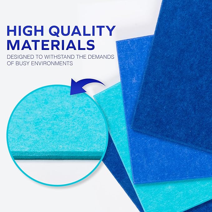 Bulletin Board 40x30in, 12 Count 9.8 x 9.8in Felt Wall Tiles with Removable Adhesive Tape, Cork Board Alternative for Walls, Kids Art Display, Colored Cork Board Tiles (Blue Ombre Collection)