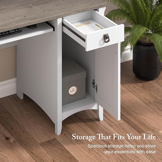 Bush Home Salinas Computer Desk with Hutch | Study Table with Drawers, Cabinets & Pullout Keyboard/Laptop Tray | Modern Home Office Desk in Pure White and Shiplap Gray | Work Desk with Storage