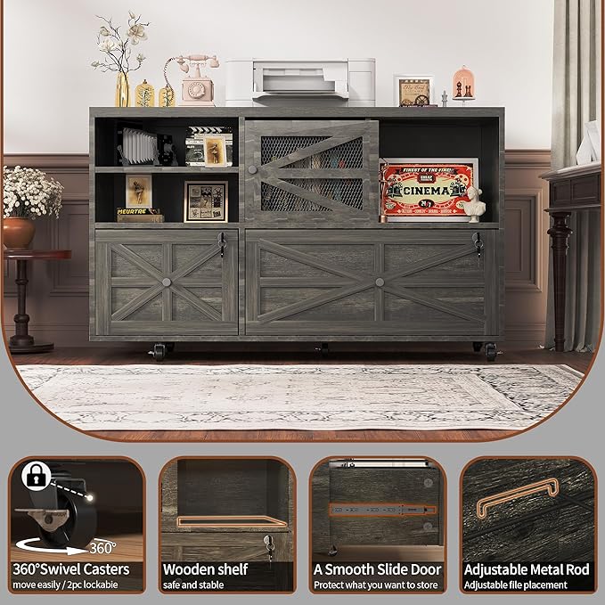 Semoic 2 Drawer Farmhouse File Cabinet with Lock, Mobile Lateral Filing Cabinet for Letter/Legal/A4 Size, Open Storage Adjustable Shelf for Home Office Cabinets, Gray