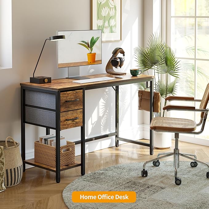 Cubiker Computer Home Office Desk with Drawers, 47 Inch Small Desk Study Writing Table, Modern Simple PC Desk, Vintage Brown