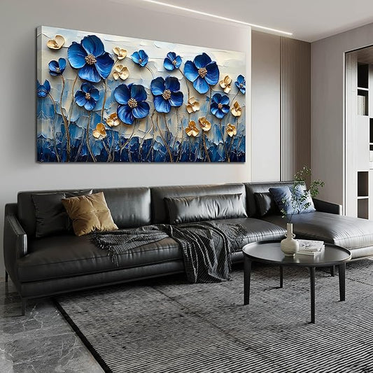 SIXTTART Blue Flower Living Room Pictures Wall Decor - Gold Flower Canvas Wall Art for Bedroom - Modern Large Wall Art for Office Size 29" x 59"
