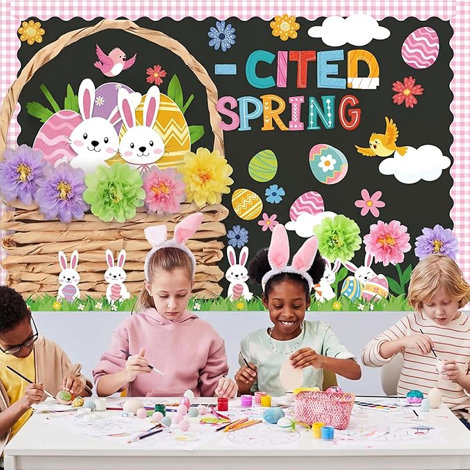 Pasimy 72 Pcs Spring Easter Bulletin Board Decorations 3D Egg Bunny Flowers Paper Cutouts Classroom Decors Egg Cited for Spring with Grass Flowers Birds Bunny for Home Nursery School Party Supplies