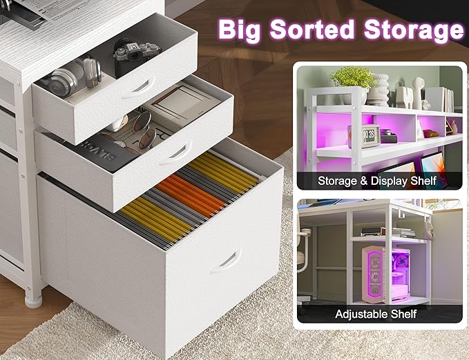 EnHomee 64 x 60 Inches L Shaped Desk with Hutch and Drawers, Gaming Desk with Power Outlet & Monitor Stand & LED Lights, Computer Corner Desk, Two Person Office Desk for Living, Gaming Room, White