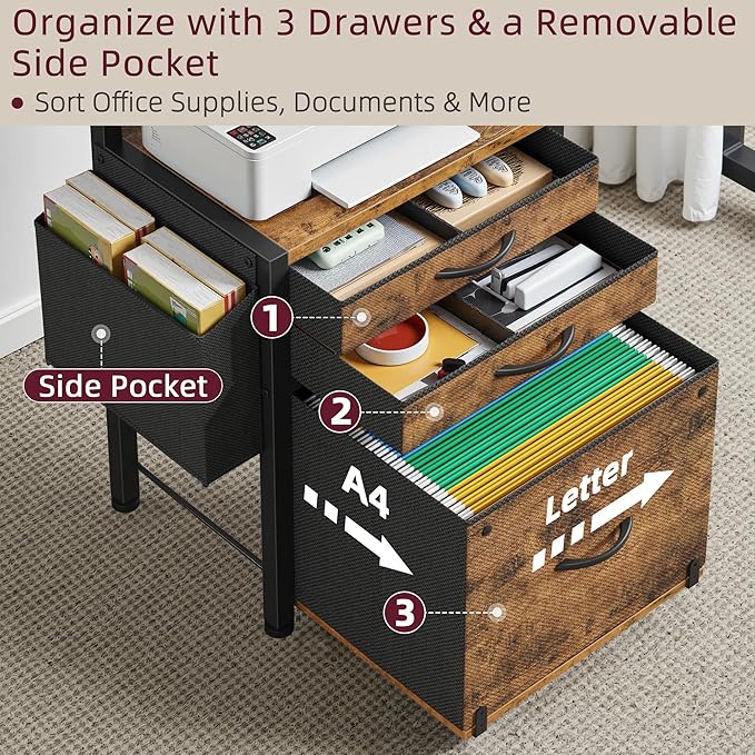 3-Drawer File Cabinet, Filing Cabinet with 2-Tier Printer Shelves, Office Cabinets with Side Bag&File Drawer for A4/Letter Size, Printer Stand with Storage for Home Office, Rustic Brown