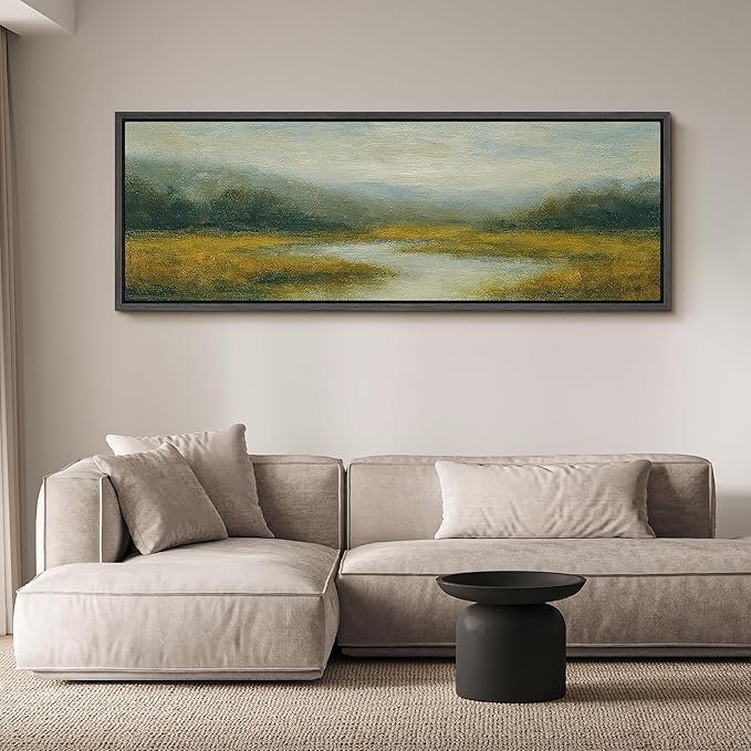 SIGNFORD Large Framed Canvas Misty Meadow River Landscape Illustrations Modern Art Calm Warm for Living Room, Bedroom, Office - 60"x20"