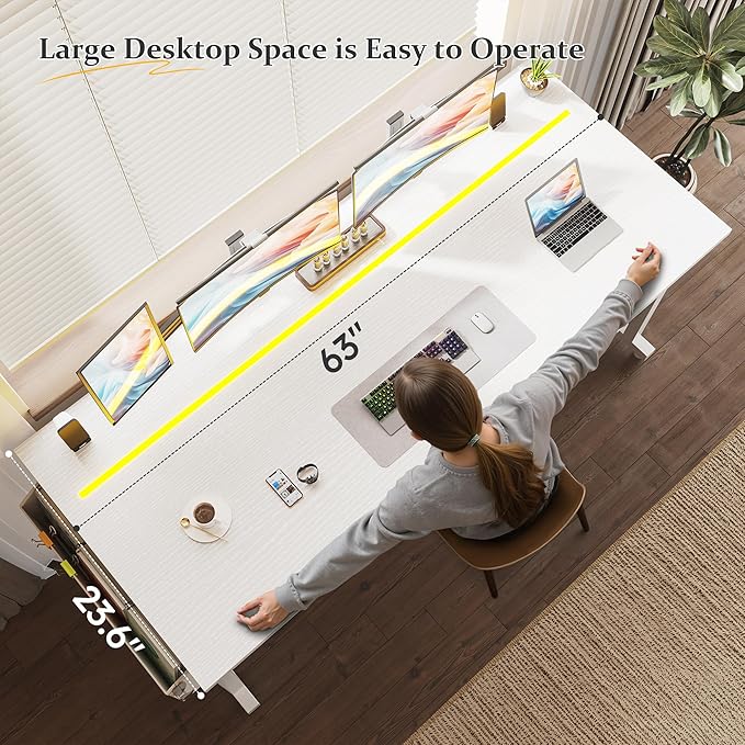 63 Inch Computer Desk with LED Lights, Office Desk for Home Office, Study Desk Writing Table with Storage Bag, Headphone Hook, White