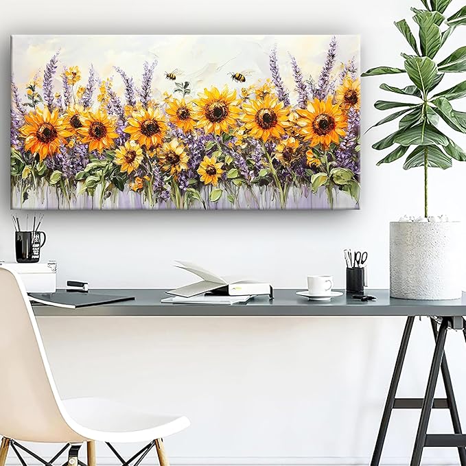 Abstract Sunflower and Lavender Picture Print Canvas Wall Art Living Room Dining Room Office Study Bedroom Wall Decor Wall Art Prints Modern Style Artwork Waterproof Ready to Hang - 20x40 Inch