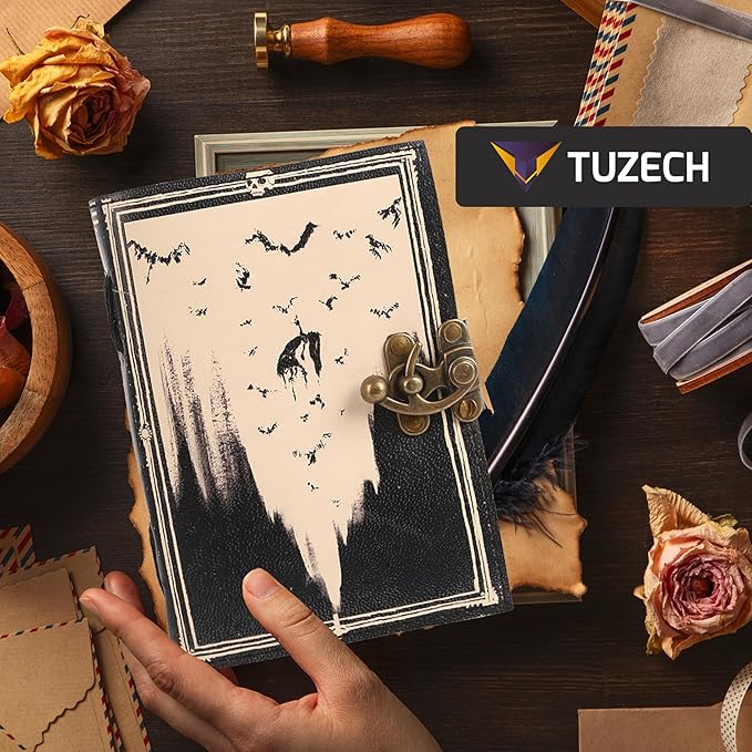 TUZECH Book of Spells Leather Bound Journal Deckle Edge Paper Grimoire Printed Diary Third Eye witchcraft supply and Witch Spell Notebook Antique Vintage Book for Men and Women (The Necromancy)