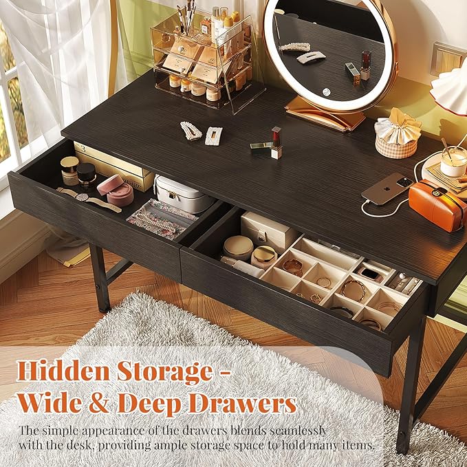 VERMESS Small Desk with Wood Drawers, 40 Inch Computer Desk for Bedroom, Vanity Makeup Desks, Kids Desks for Small Space with Storage for Home Office, Study Writing Simple Computer Table, Black