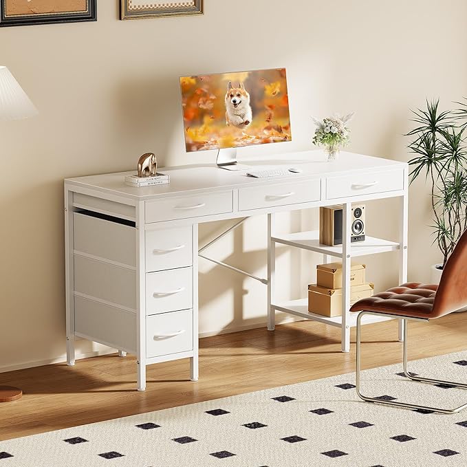 Sweetcrispy 55" Computer Desk with 6 Drawers, Home Office Gaming Desks with Storage Shelves for Bedroom, Writing Study Corner Living Room Work Table White