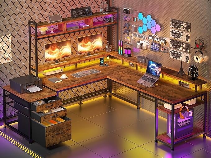 EnHomee 64 x 60 Inches L Shaped Desk with Hutch and Drawers, Gaming Desk with Power Outlet & Monitor Stand & LED Lights, Computer Corner Desk, Two Person Office Desk for Living, Bedroom, Rustic Brown