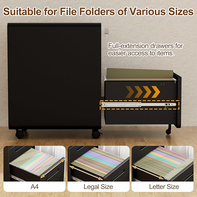 File Cabinet, Mobile Filing Cabinet with Lock, All Steel Structure Printer Stand, Fully Assembled Except Casters, Under Desk Storage for Home Office, 3 Drawers Document Organizer, Black