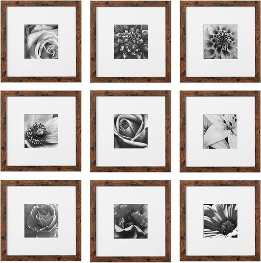 eletecpro 10x10 Picture Frames Set of 9 Classic Gallery Wall Frame Set Displays 5x5 Photo with Mat or 10x10 without Mat, Square Picture Frames Collage Wall Decor, Rustic Brown Modern Home Decor for