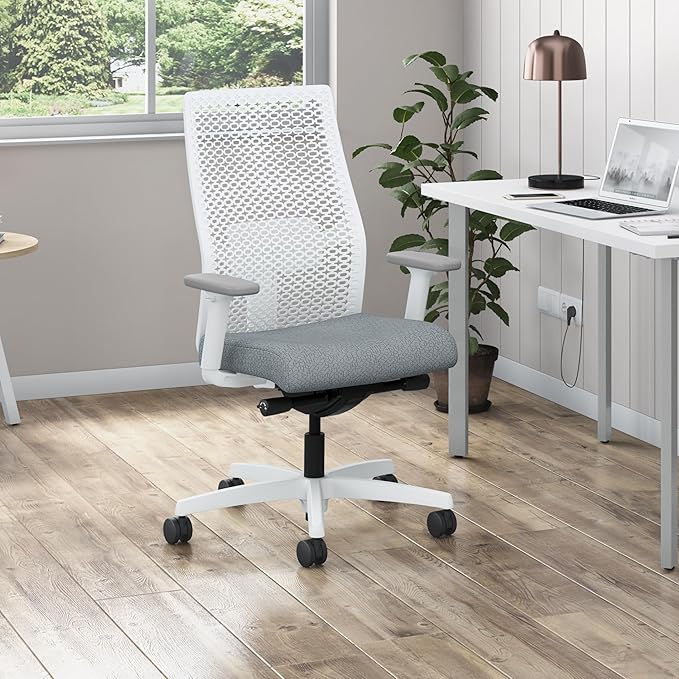 HON Ignition 2.0 ReActiv Office Chair, Mid-Back, Synchro-Tilt, Basalt Seat Fabric, Home Office Desk Chairs, Designer White ReActiv Back, White Frame