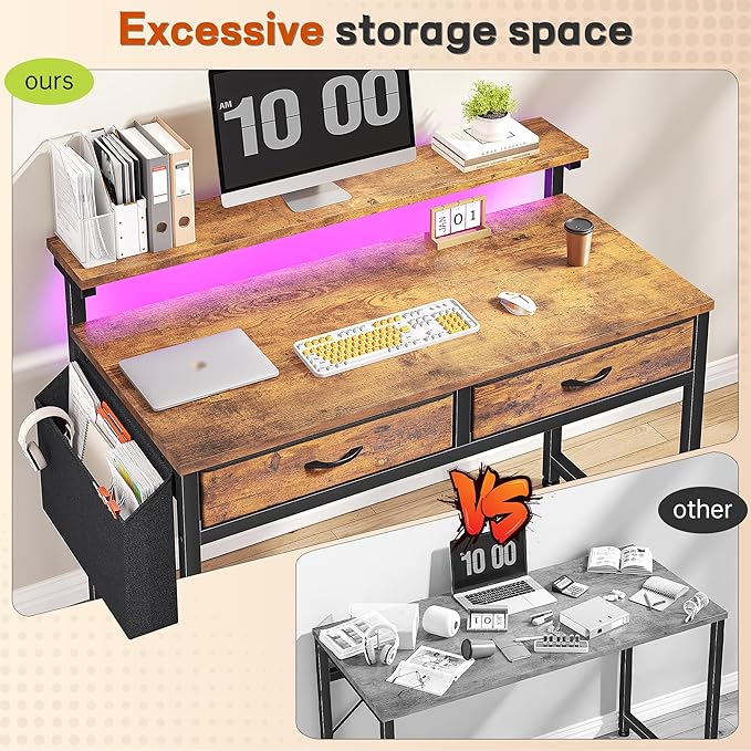 Gaming Desk with LED Lights with 2 Drawers, 31.5 Inch Desk Home Office Desk Computer Desk with Side Pocket & Ergonomic Monitor Stand, Small Space Study Writing Table with Anti-Tip Design, Rustic Brown