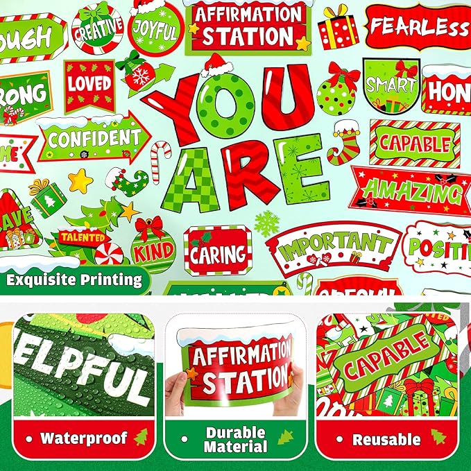 45pcs Bulletin Board Set Motivational Posters Classroom Mirror Growth Mindset Decor Positive Affirmations Accents Cutouts for School Office Home Teacher Wall (Green Christmas)
