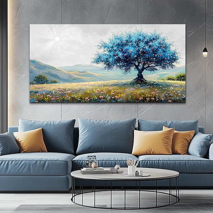 FUHAIHUA Canvas Wall Art For Living Room Large Wall Decor For Office Bedroom Decorations Pastoral Landscape Pictures Blue Tree Painting Artwork Modern Room Wall Mural Aesthetic Home Decor 30x60 In