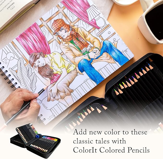 ColorIt Colorful Novels Adult Coloring Book to Relieve Stress, 50 Original Drawings from Classic Books, Spiral Binding, Perforated Pages, USA Printed, Lay Flat Hardback Book Cover, Ink Blotter Paper