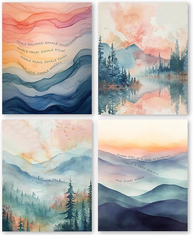 QLMX Inhale Exhale Mental Health Wall Art Prints Set of 4, Watercolor Abstract Prints for Wall Decor, Therapy Office Decor, Calming Breathe Poster for Therapy Counselling Room 8”x10” Unframed