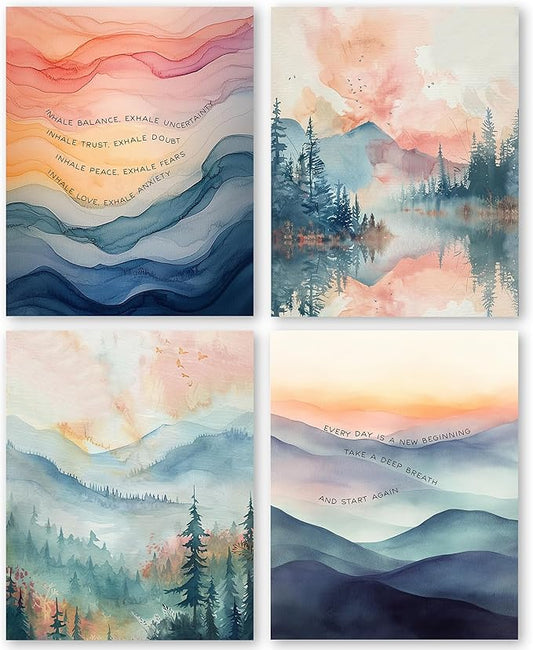 QLMX Inhale Exhale Mental Health Wall Art Prints Set of 4, Watercolor Abstract Prints for Wall Decor, Therapy Office Decor, Calming Breathe Poster for Therapy Counselling Room 8”x10” Unframed