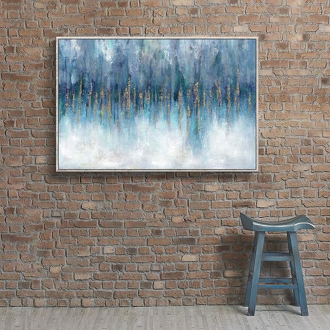 Blue Abstract Art Canvas Painting: Hand Painted Heavy Textured Gold Foils Champagne Wall Art Framed for Walls (45'' x 30'' x 1 Panel)