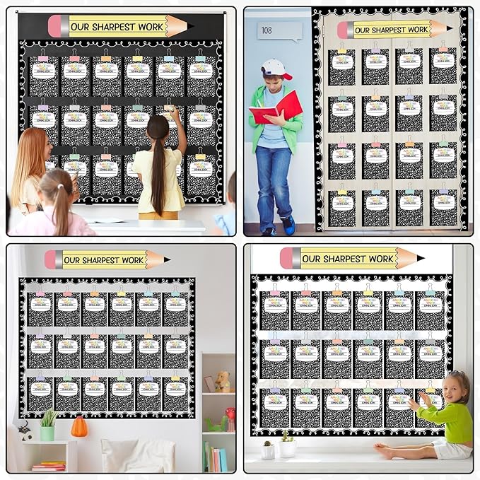 Student Work Display Bulletin Board Set Composition Notebook Classroom Decoration Inspirational Our Sharpest Work Pencil Cutouts for Back to School Classroom Chalkboard Wall Decor Teacher Supplies
