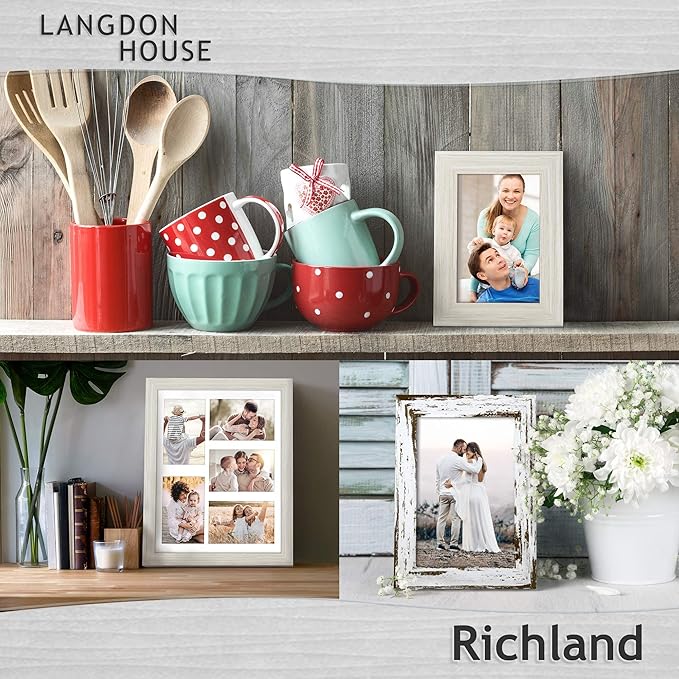 Langdon House 11x14 Almond White Collage Picture Frame w/Mat for 5-4x6 Photos, Woodgrain Style, Wall Mount Only, Richland Collection