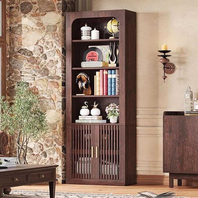 IRONCK Mid-Century Book Shelf, 6-Tier Floor Standing Bookcase with Grille Doors, Tall Storage Shelves for Display & Organizing, Suitable for Home Office, Living Room(Natural Red Walnut)