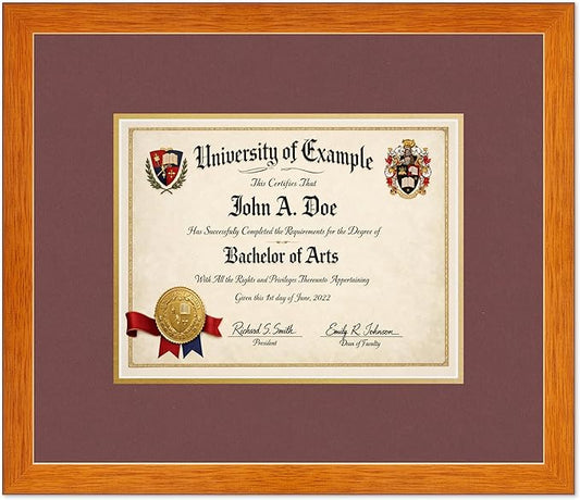 CountryArtHouse Diploma Frame Fits 11 x 8.5 US Letter Certificate - Keepsake Graduation Display Honey Oak Genuine Hardwood with Dark Red Over Metallic Gold Double mat