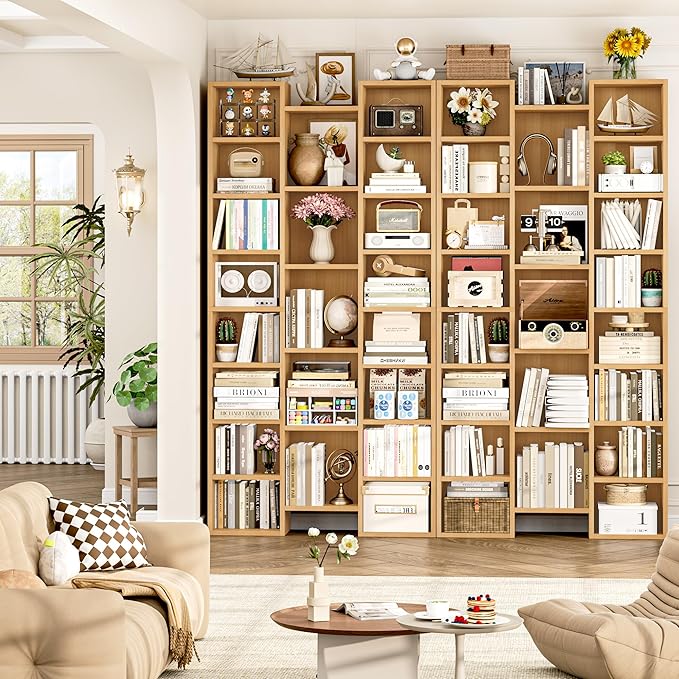 FOTOSOK 71'' Tall Bookshelf with 21 Cubes, 8 Tier Triple Wide Bookshelf with 8 Adjustable Shelves, 35" Wood Bookcase DVD/CD Media Tower Storage, Freestanding Display Shelf Cabinet, Natural