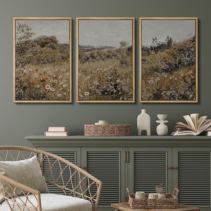 SIGNFORD Framed Wall Art Print Set Summer Wildflower Lush Floral Landscape Illustrations Modern Decorative Multicolor Relax/Calm Chic for Living Room, Bedroom, Office - 16"x24"x3 Natural