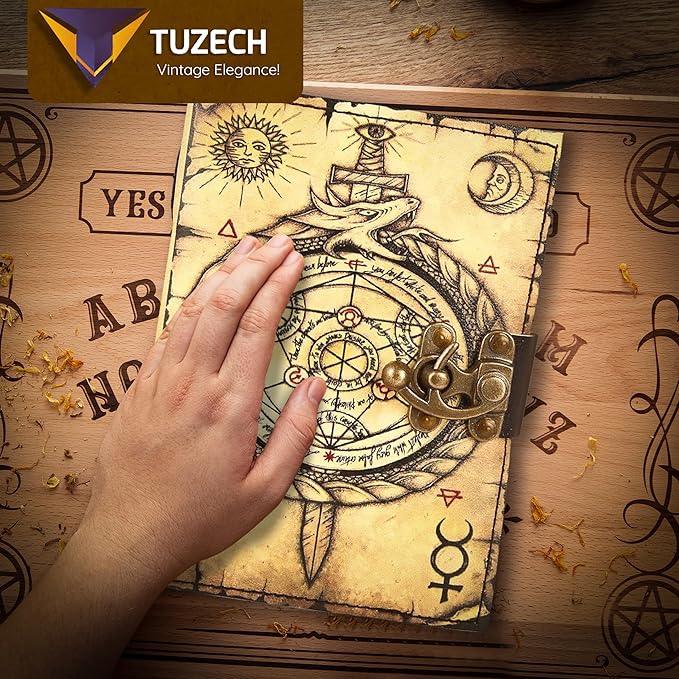 TUZECH Book of Spells Leather Bound Journal Deckle Edge Paper Grimoire Printed Diary Third Eye Notebook Spiral Gothic Notebook Antique Vintage Book for Men and Women (Ouroboros Circle Of