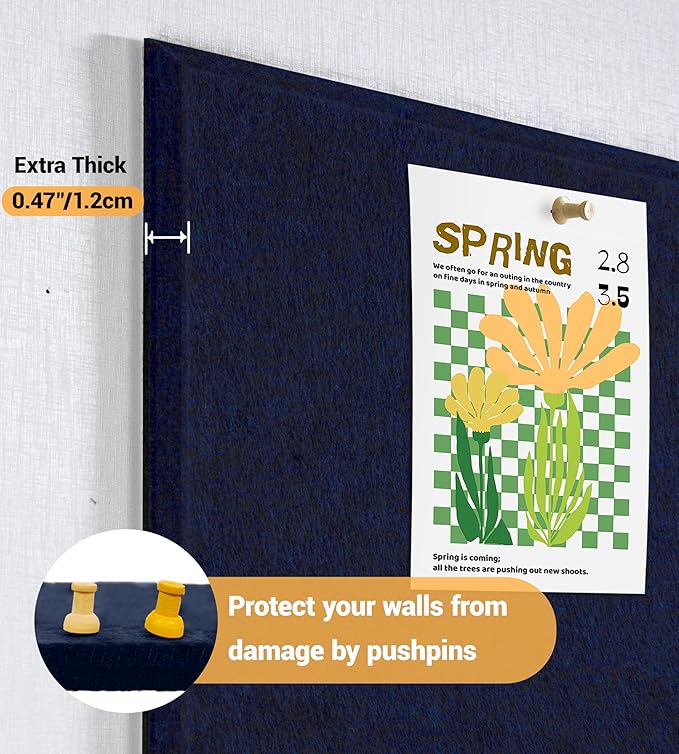 1/2" Thick Cork Board for Office, 6 Pack Felt Wall Tiles -28"x18" with Safe Adhesive Tabs, Large Bulletin Board, Push Pin Board Organizer Wall - Dark Blue