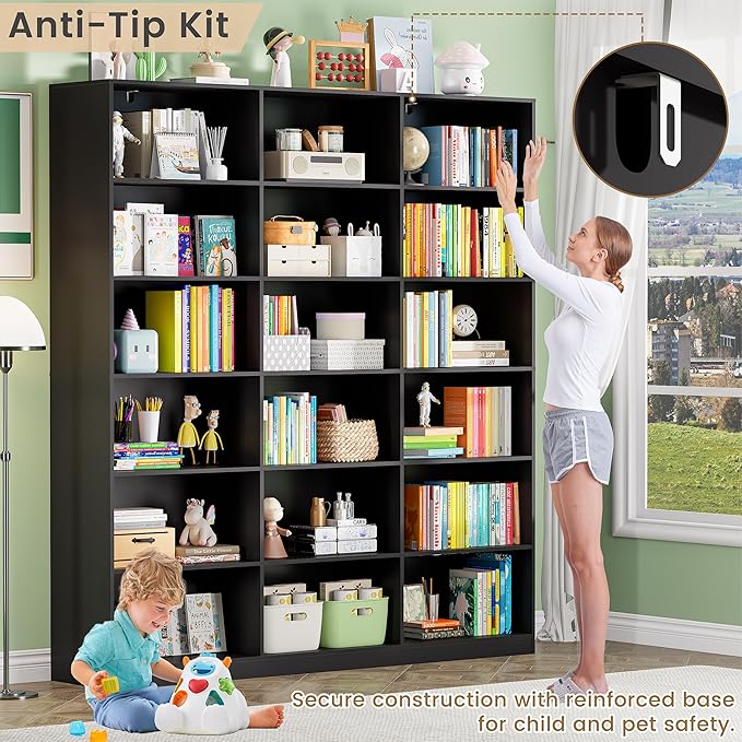 71.6” Tall Bookshelf, Black Bookcase with 18 Shelves, Triple Row Freestanding Display Storage Shelvesm, 6 Tier Wide Book Case for Bedroom Living Room Home Office
