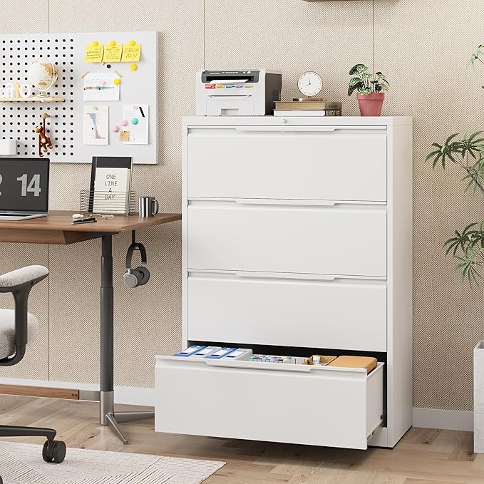 4 Drawer Lateral File Cabinet with Lock, Heavy-Duty Metal Filing Cabinet for Home Office, Steel Storage Compatible with Hanging Files Letter/Legal/F4/A4 Sizes (4 Drawer, White)