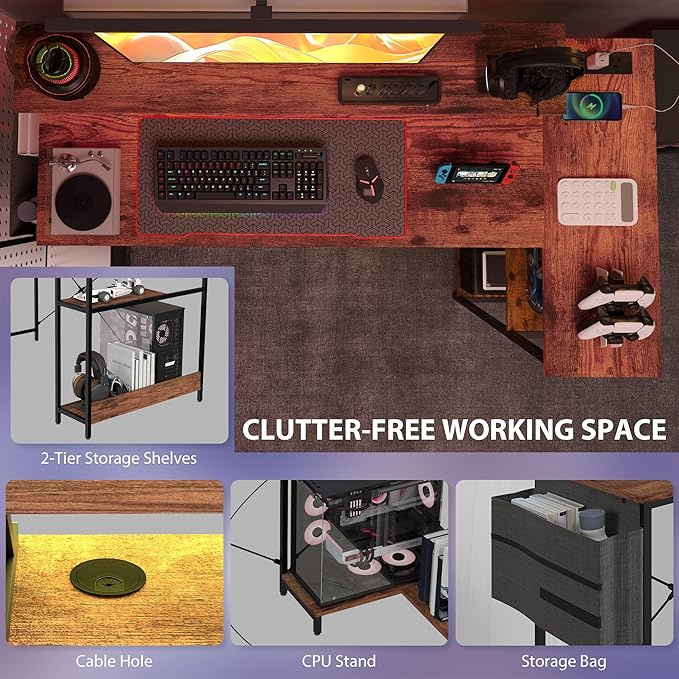 HOMCOM 58" L Shaped Gaming Desk with Power Outlets and LED Lights, Reversible Computer Desk with Monitor Stand, Fabric Storage Bag, Cable Management, for Home Office, Rustic Brown