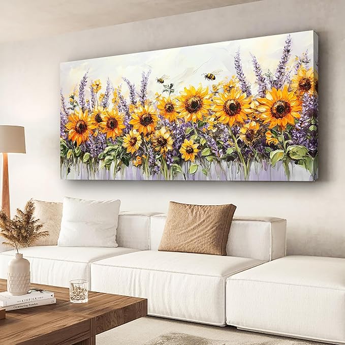 Abstract Sunflower and Lavender Picture Print Canvas Wall Art Living Room Dining Room Office Study Bedroom Wall Decor Wall Art Prints Modern Style Artwork Waterproof Ready to Hang - 20x40 Inch