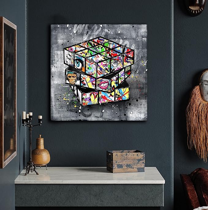 SIXTTART Banksy Canvas Wall-Art For Living Room - Street Graffiti Wall Art for Bedroom - Large Abstract Painting Pop Art Modern Home Office Decor 20" W x 20" H Stretched And Framed Ready to Hang