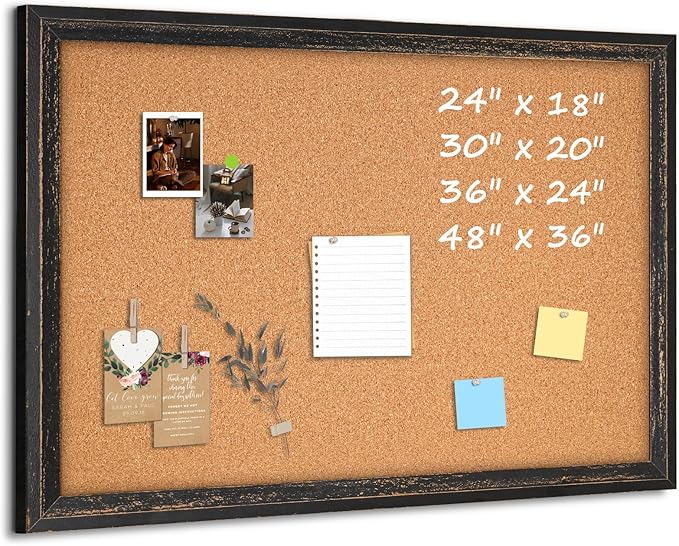 Cork Bulletin Board, 36" x 24" Corkboard for Wall, Rustic Black Wooden Frame, Hanging Pin Board for Home & Office Decor, 10 Push Pins