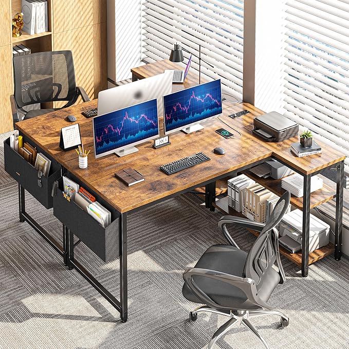 EnHomee 48" Small L Shaped Computer Desk with Power Outlets,Office Desk with Reversible Storage Shelves&Side Bag,Small Corner Desk for Working Space Home Office Bedroom,Study Writing Table,Brown